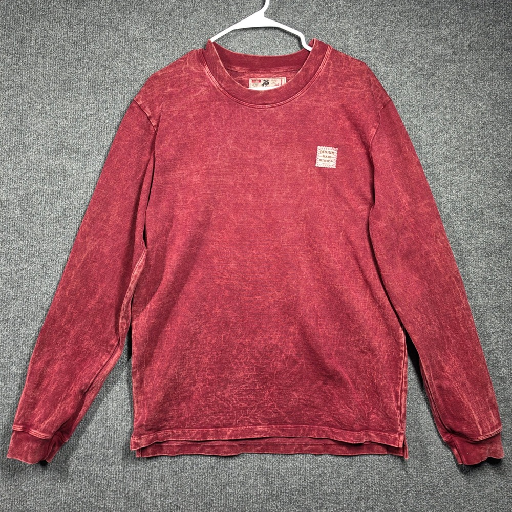 Devium Shirt Mens Large Long Sleeve Red Acid Wash Ribbed Made in USA